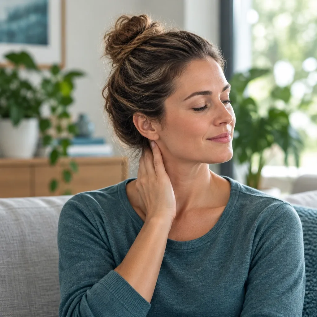 Woman gently touching her neck in a calm home setting